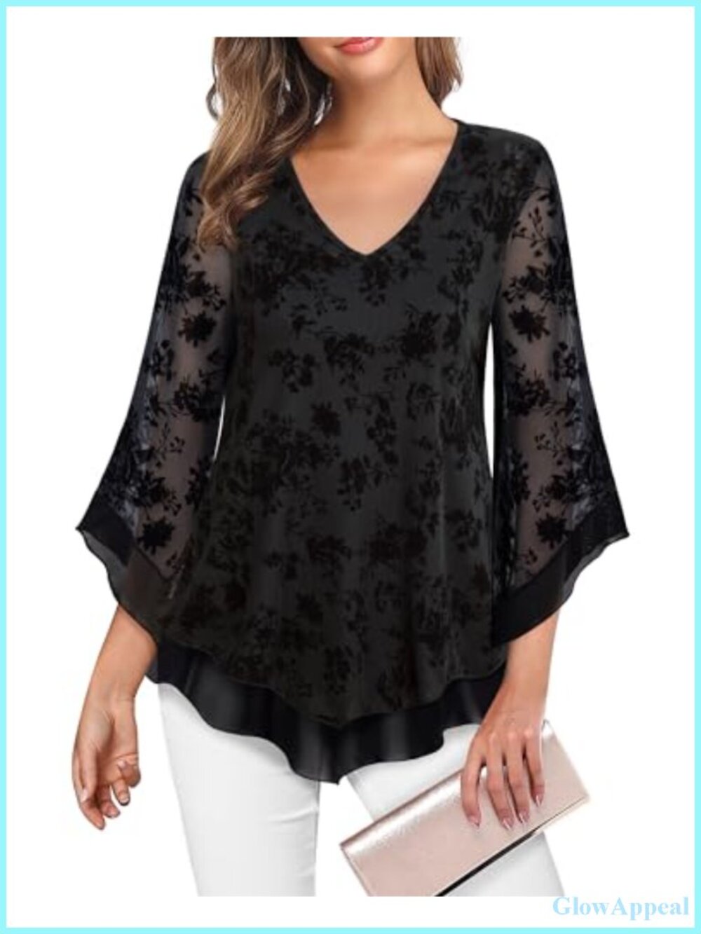 Womens Double Layer Mesh Blouse Ruffle 3/4 Flared Sleeve Tunic Top